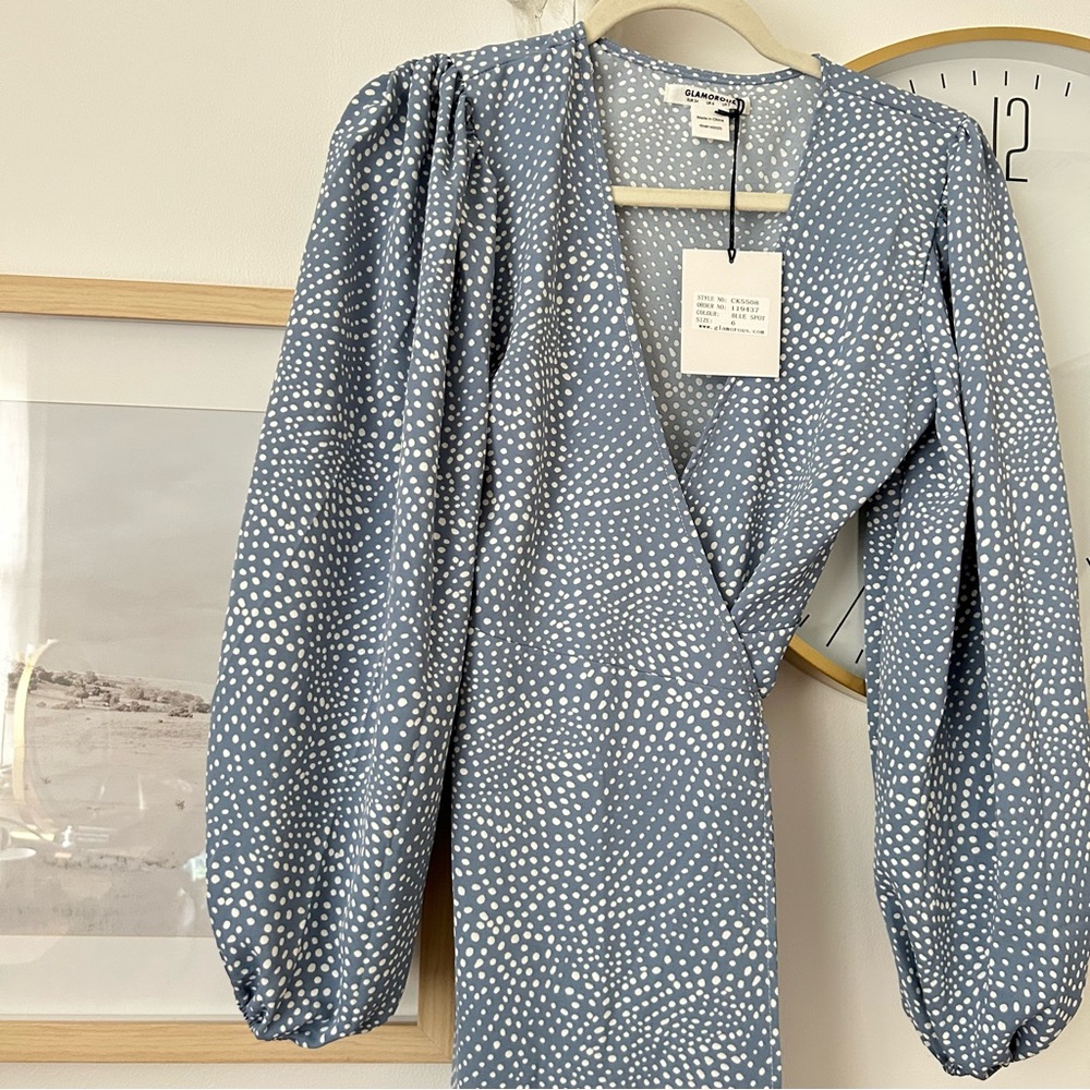 Glamorous Blue Polka Dot Wrap Dress | Puff Sleeve Mini 2 - Picture 4 of 5